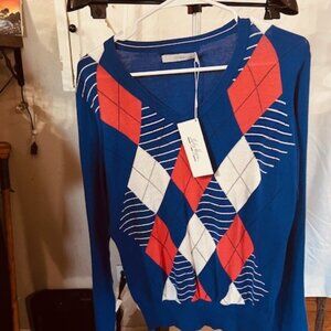Lady Hogan Blue Argyle V-Neck Sweater with Red & White Accents Like New